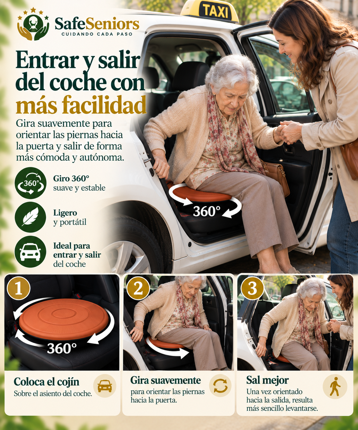 Cojín giratorio 360° en el asiento de un taxi