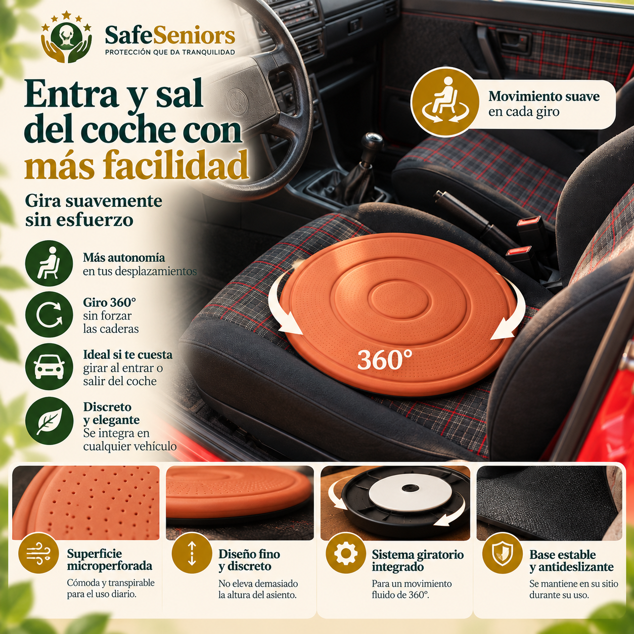 Cojín giratorio 360° microperforado en el asiento del coche