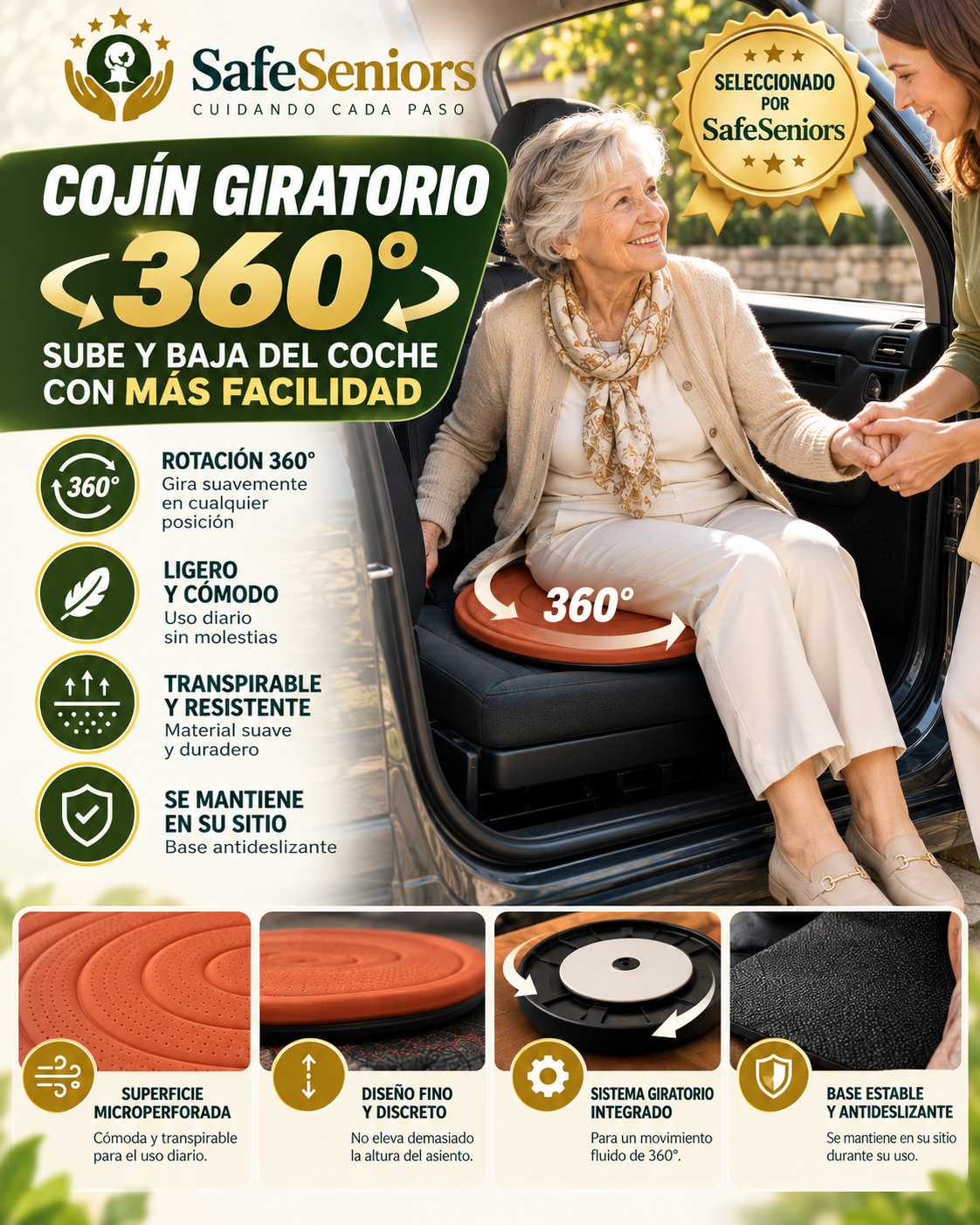Cojín giratorio 360° SafeSeniors para subir y bajar del coche con más facilidad