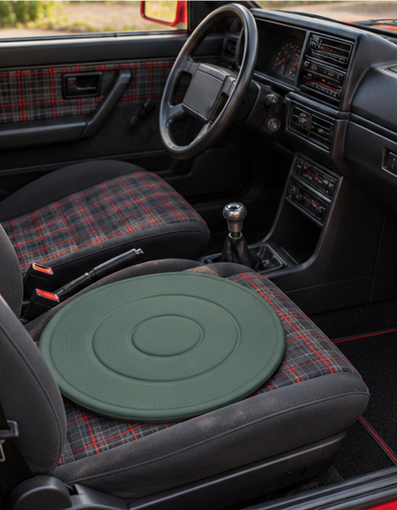 Cojín Giratorio 360° SafeSeniors color verde en el asiento del coche