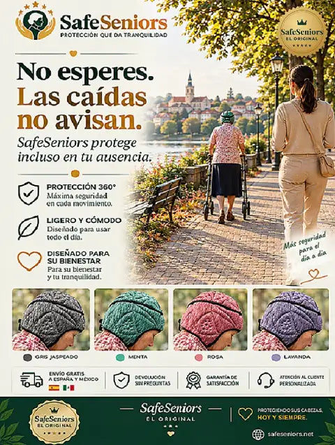 Persona mayor paseando con tranquilidad junto a su cuidadora, protegida con el gorro protector SafeSeniors